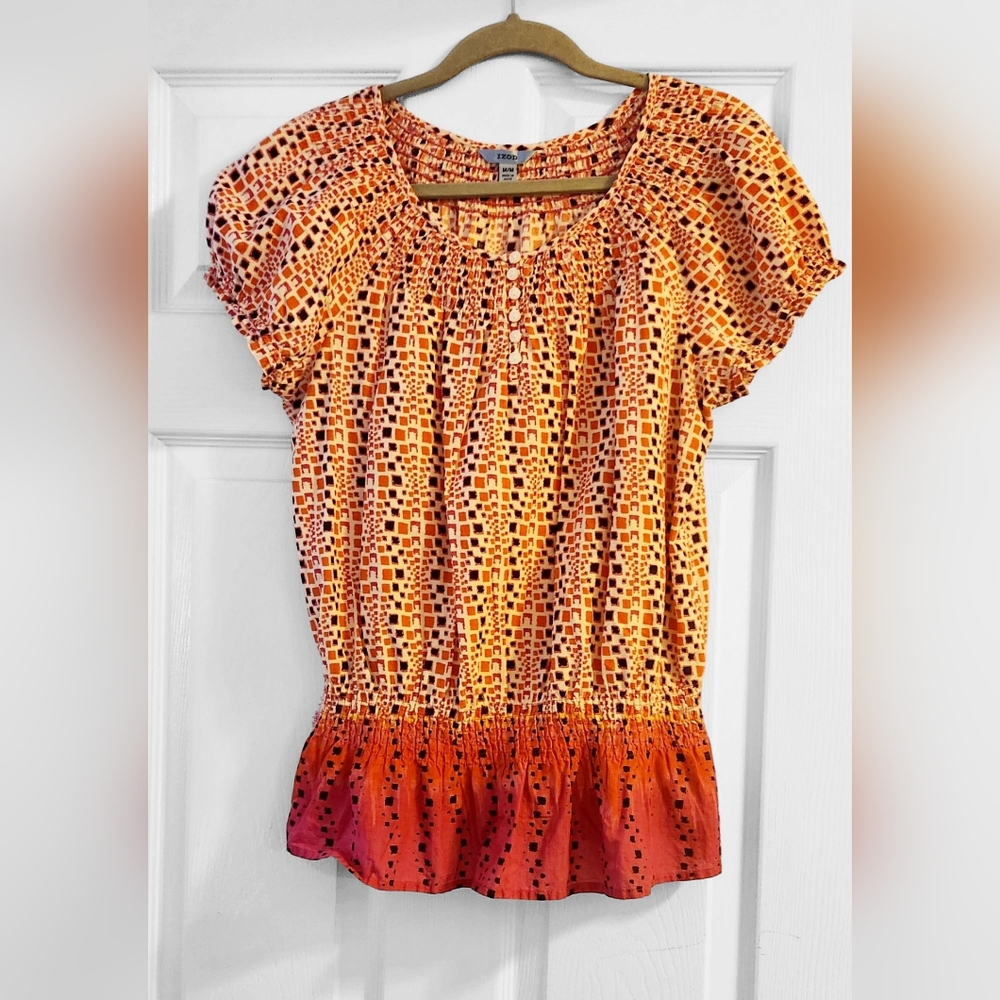 Izod Smocked Ruffled Blouse in Orange and Red